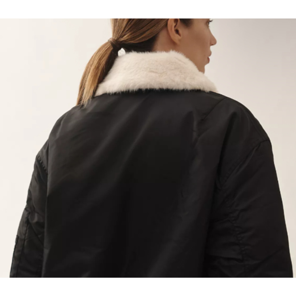 NVLT x Anthropologie Faux Fur Collar Bomber Jacket L Black Aviator Camo lined - Picture 10 of 10